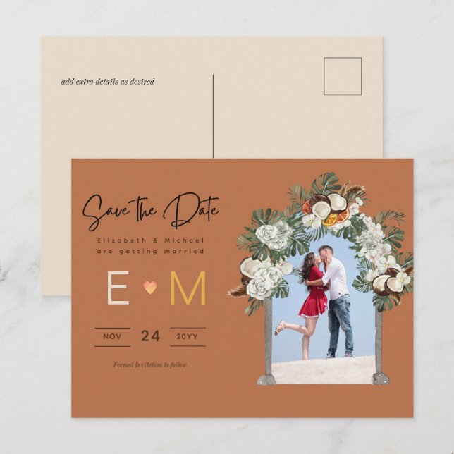 Photo Wedding Save the Date Terracotta Fall Floral Postcard (Front/Back)