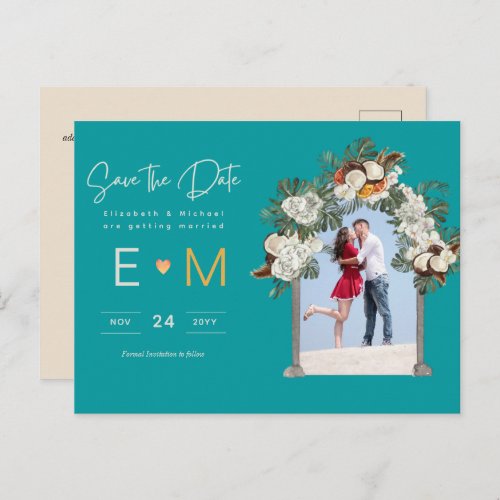 Photo Wedding Save the Date Turquoise Teal Floral Postcard