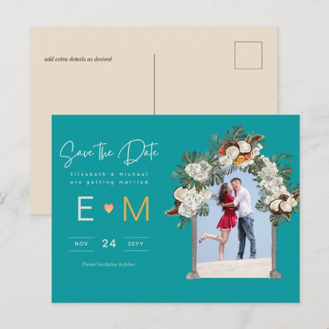 Photo Wedding Save the Date Turquoise Teal Floral Postcard (Front/Back)