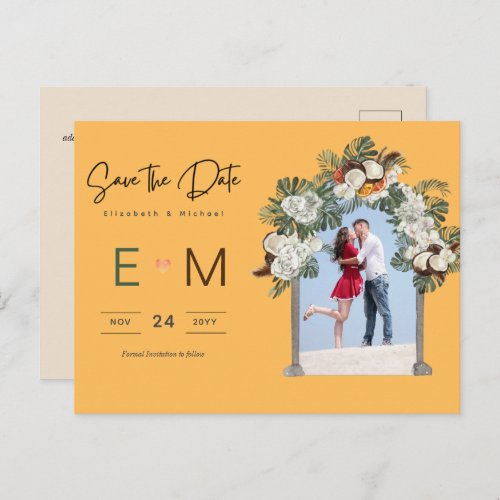 Photo Wedding Save the Date Yellow Tropical Floral Postcard