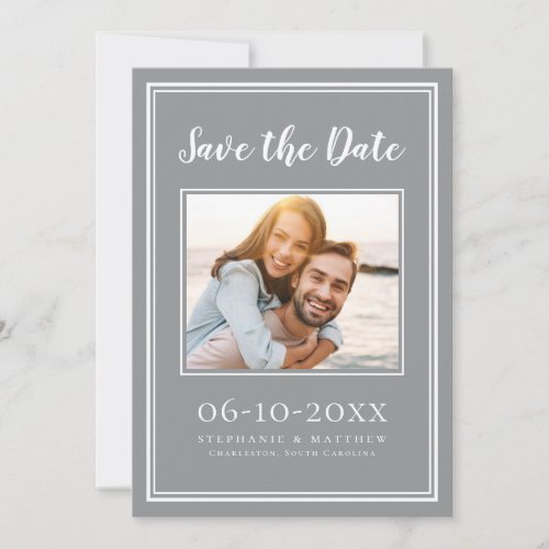 Photo Wedding Simple Engagement Modern Gray White Save The Date