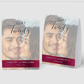 Photo Wedding Table Number with Burgundy Maroon Paper Table Tent