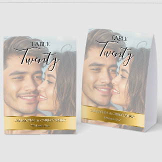 Photo Wedding Table Number with Faux Gold Band Paper Table Tent