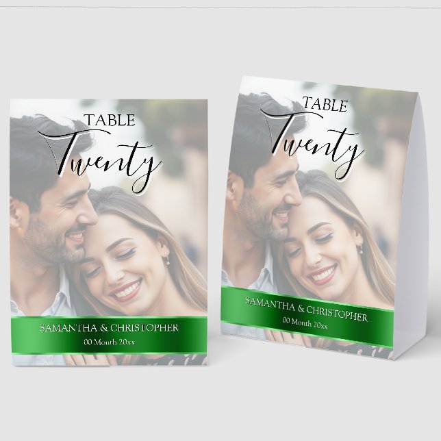 Photo Wedding Table Number with Green Band  Paper Table Tent (Front/Back)
