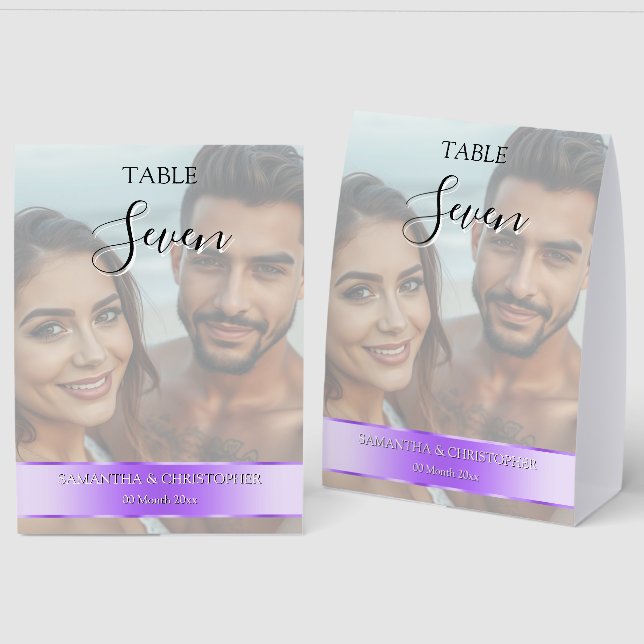 Photo Wedding Table Number with Lilac Purple Paper Table Tent (Front/Back)
