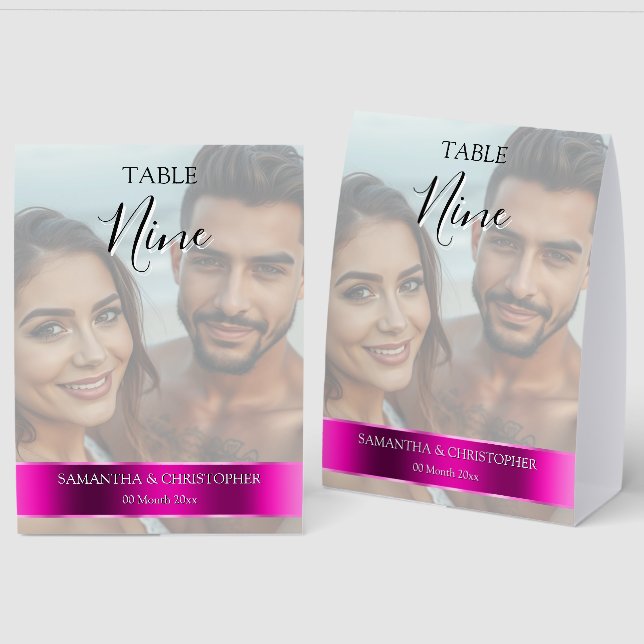 Photo Wedding Table Number with Magenta band Paper Table Tent (Front/Back)