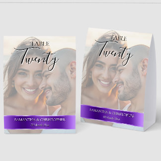 Photo Wedding Table Number with Purple custom band Paper Table Tent