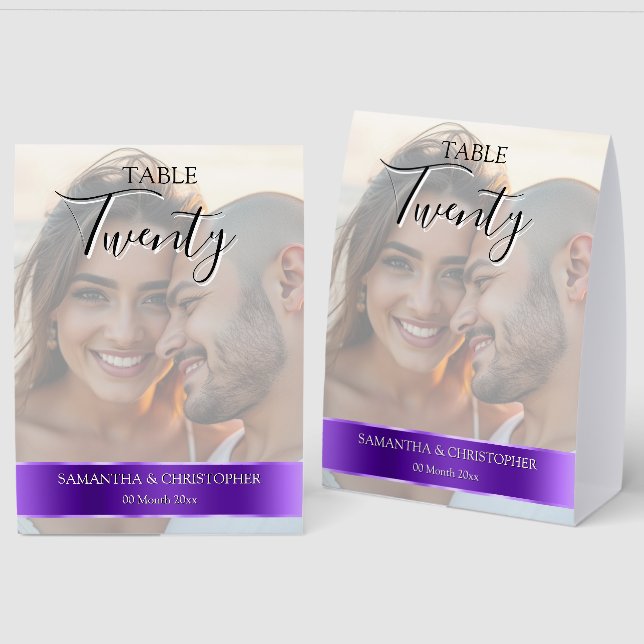 Photo Wedding Table Number with Purple custom band Paper Table Tent (Front/Back)