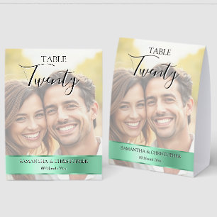 Photo Wedding Table Number with Sage Green band Paper Table Tent