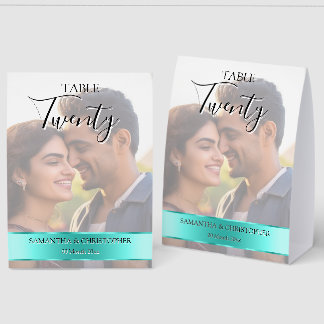 Photo Wedding Table Number with Turquoise band Paper Table Tent
