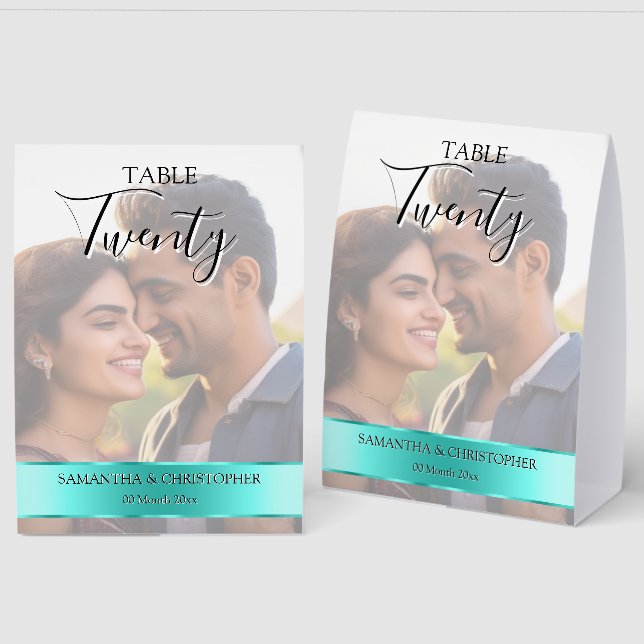 Photo Wedding Table Number with Turquoise band Paper Table Tent (Front/Back)