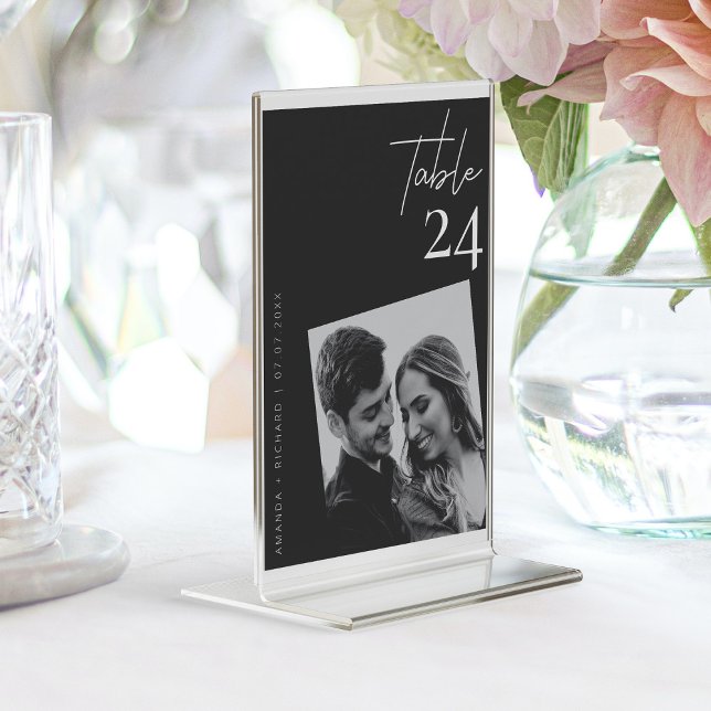 Photo Wedding Table Numbers Modern Black (Black & White Wedding Modern Romantic Photo  Table Number)