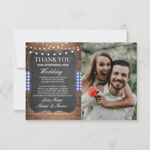 Photo Wedding Thank You Card Blue Check Chalk Wood