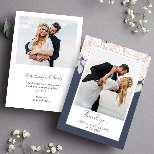 Photo Wedding Thank You Card Blush Floral (Elegant wedding thank you card with couple photo and blush watercolor floral design.)
