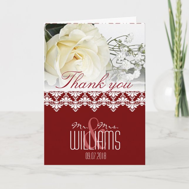 Photo Wedding Thank You Card Damask Burgundy (Front)