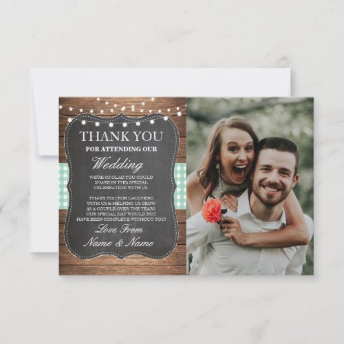 Photo Wedding Thank You Card Mint Check Chalk Wood