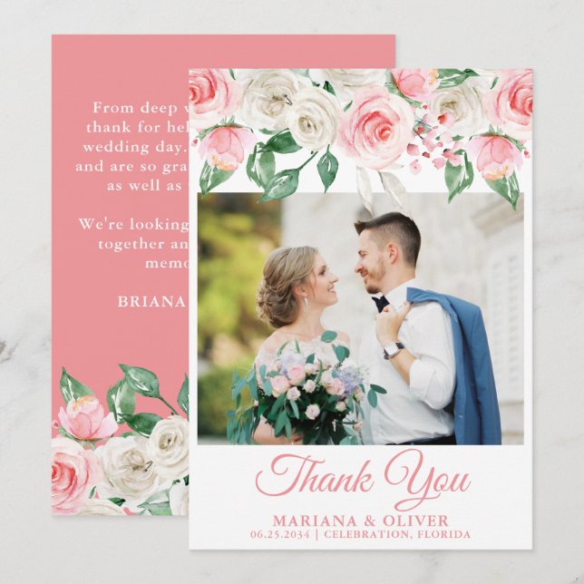Photo Wedding Thank You Card Peach Floral (Front/Back)