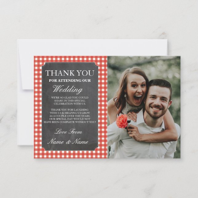 Photo Wedding Thank You Card Rustic Check Chalk (Front)