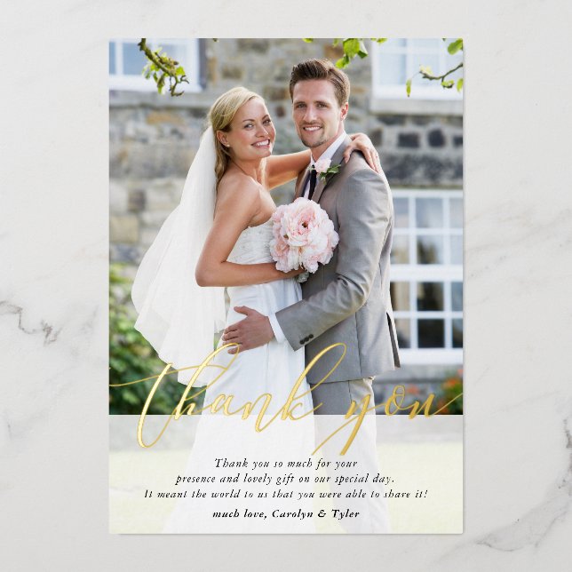 PHOTO WEDDING thank you elegant calligraphy gold Foil Invitation (Front)