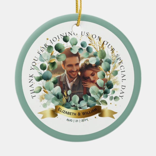 PHOTO Wedding Thank You Eucalyptus Leaves Favor    Ceramic Ornament (Front)