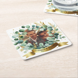 PHOTO Wedding Thank You Eucalyptus Leaves Favor Square Paper Coaster
