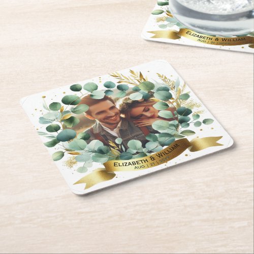 PHOTO Wedding Thank You Eucalyptus Leaves Favor    Square Paper Coaster