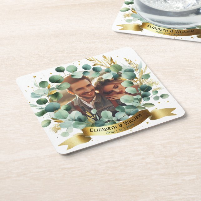PHOTO Wedding Thank You Eucalyptus Leaves Favor    Square Paper Coaster (Angled)