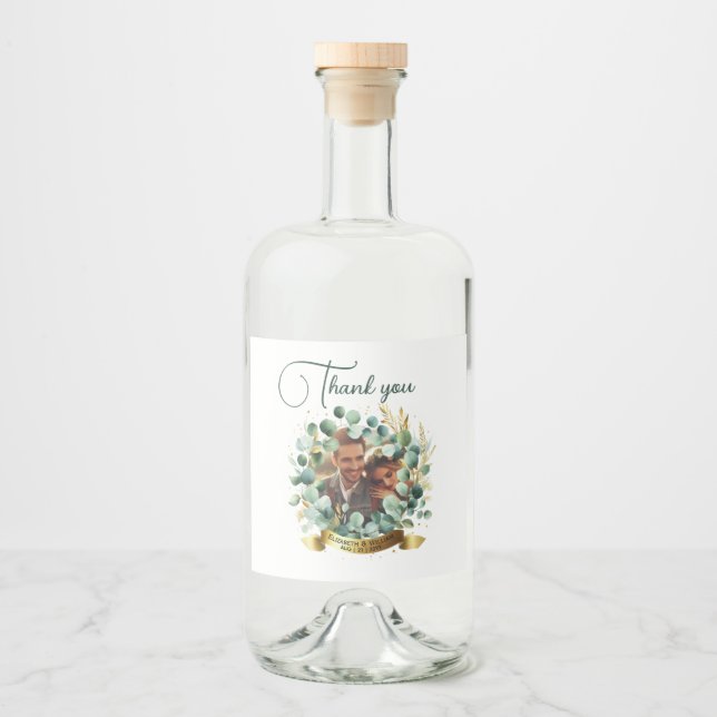 PHOTO Wedding Thank You Eucalyptus Leaves Gift   Liquor Bottle Label (Front)
