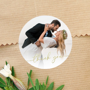 Photo Wedding Thank You Gold Script Circle Classic Round Sticker