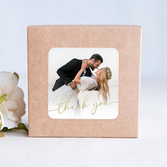 Photo Wedding Thank You Gold Script Favor  Square Sticker (Wedding thank you photo sticker with gold script for favors and envelopes)