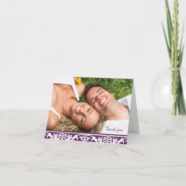 Photo Wedding Thank You -Plum & White Card (Front)
