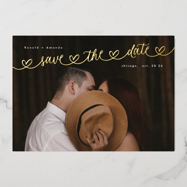 Photo Wedding Website Gold Hearts Save The Date Foil Invitation (Front)