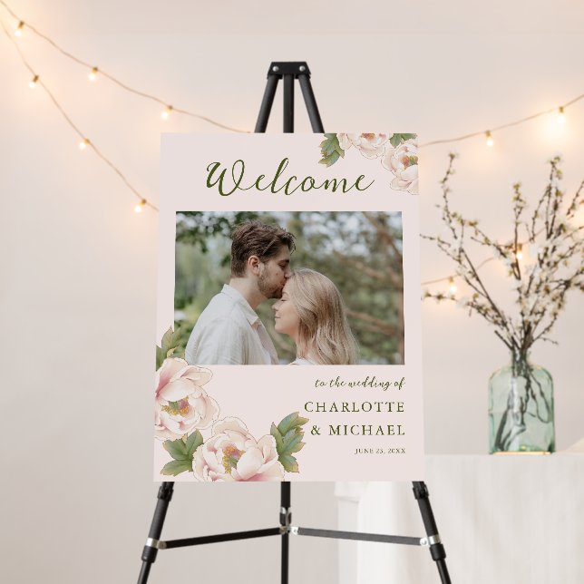 Photo Wedding Welcome Blush Peony Flowers  Foam Board (In Situ (Stand))