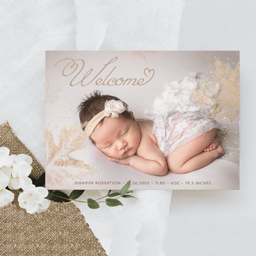 Photo Welcome Baby Gold Leaves Botanical Birth Announcement