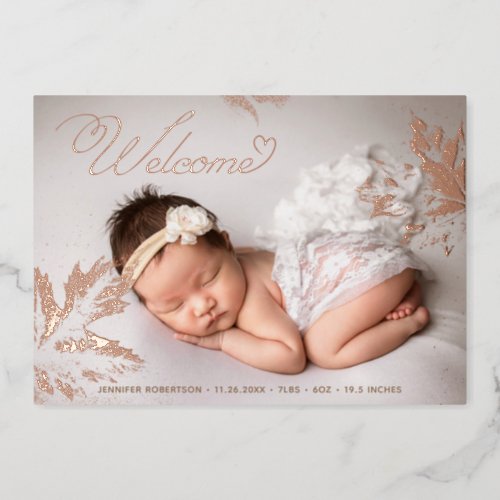 Photo Welcome Baby Rose Gold Foil Leaves Birth Foil Invitation