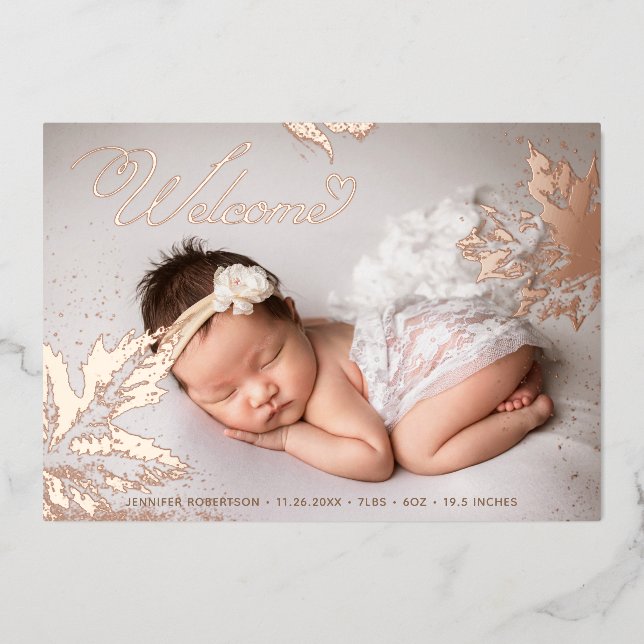 Photo Welcome Baby Rose Gold Foil Leaves Birth Invitation (Front)