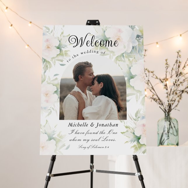Photo Welcome Elegant White Flowers Wedding Bible Foam Board (In Situ (Stand))