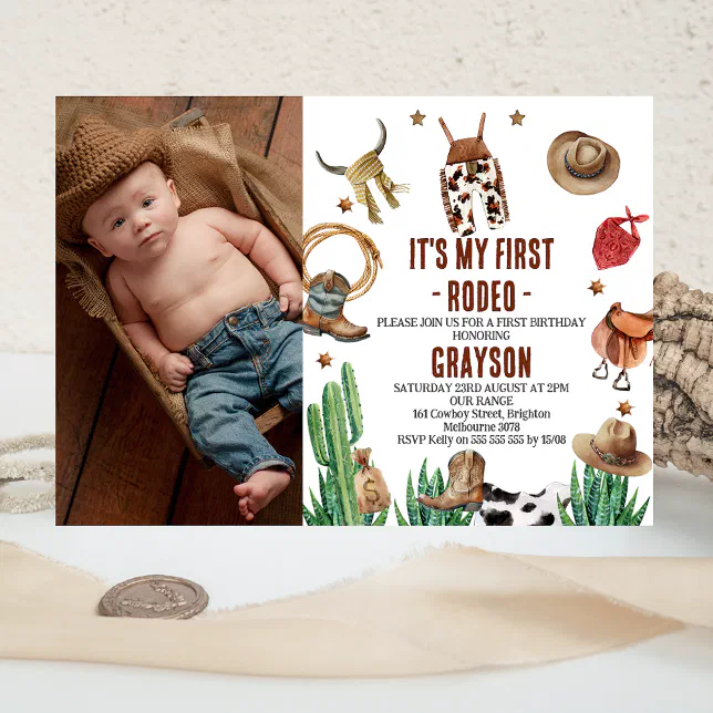 Photo Western Cactus My First Rodeo Cowboy 1st Invitation | Zazzle