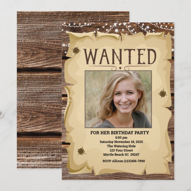Photo Western Funny Wanted Poster Birthday Party Invitation (Front/Back)