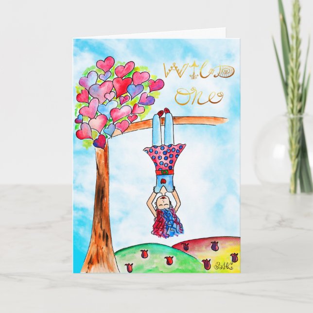 Photo Whimsical Art Birthday Girl Boho Gold Purple Card (Front)
