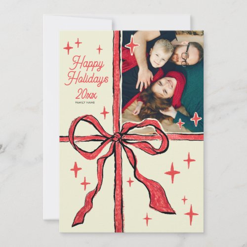 Photo Whimsical Charming Hand Drawn Red Bow Holiday Card