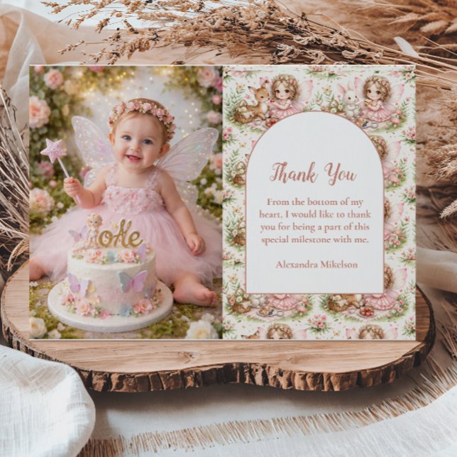 Photo Whimsical Fairy First Birthday Thank You Card (Creator Uploaded)
