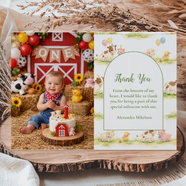 Photo Whimsical Farm Animals Pastel 1st Birthday Thank You Card (Creator Uploaded)