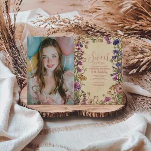 Photo Whimsical Floral Meadow Sweet Sixteen Invitation