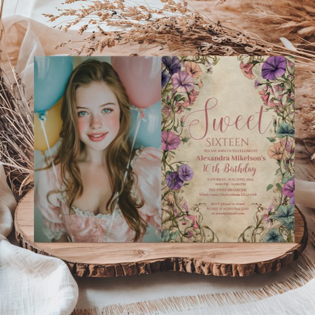 Photo Whimsical Pastel Wildflower Sweet 16 Invitation (Creator Uploaded)