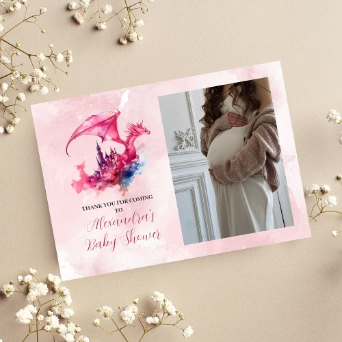 Photo Whimsical Pink Dragon Baby Shower  Thank You Card