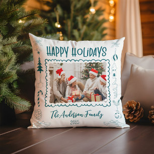 Photo Whimsical Quirky Doodle Holiday Throw Pillow