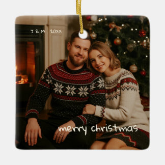 Photo Whimsical Red Doodle Christmas married Ceramic Ornament