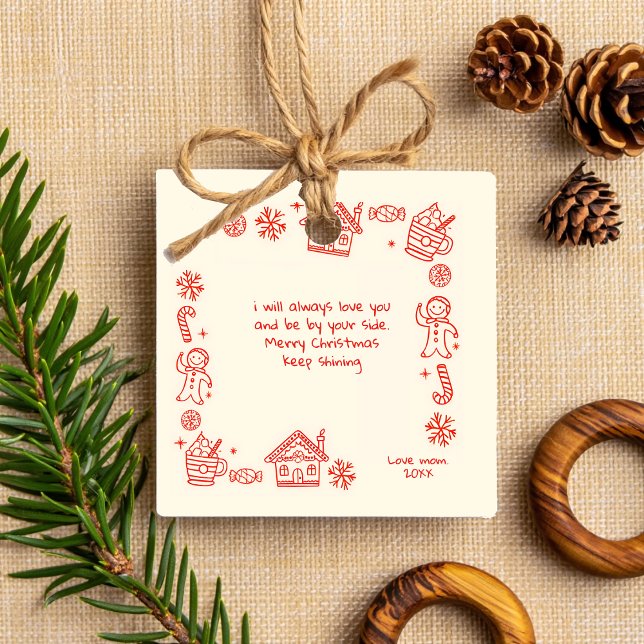Photo Whimsical Red Doodle Christmas message Ceram Ceramic Ornament (Creator Uploaded)