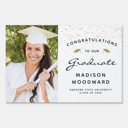 Photo White Black Script Gold Graduation Yard Sign